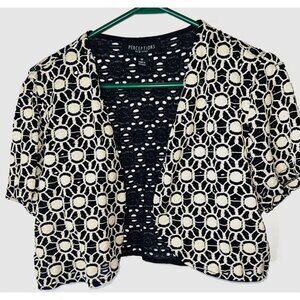 Black & Beige Open-Front Crochet Bolero Jacket Short Sleeve Medium Polyester